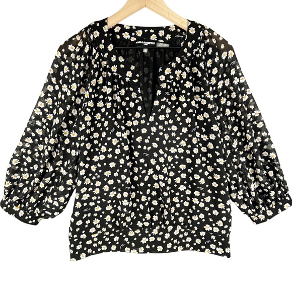 Karl Lagerfeld Tops - Karl Lagerfeld Black Floral Blouson Top Women Large Split V-Neck 3/4 Puff Sleeve